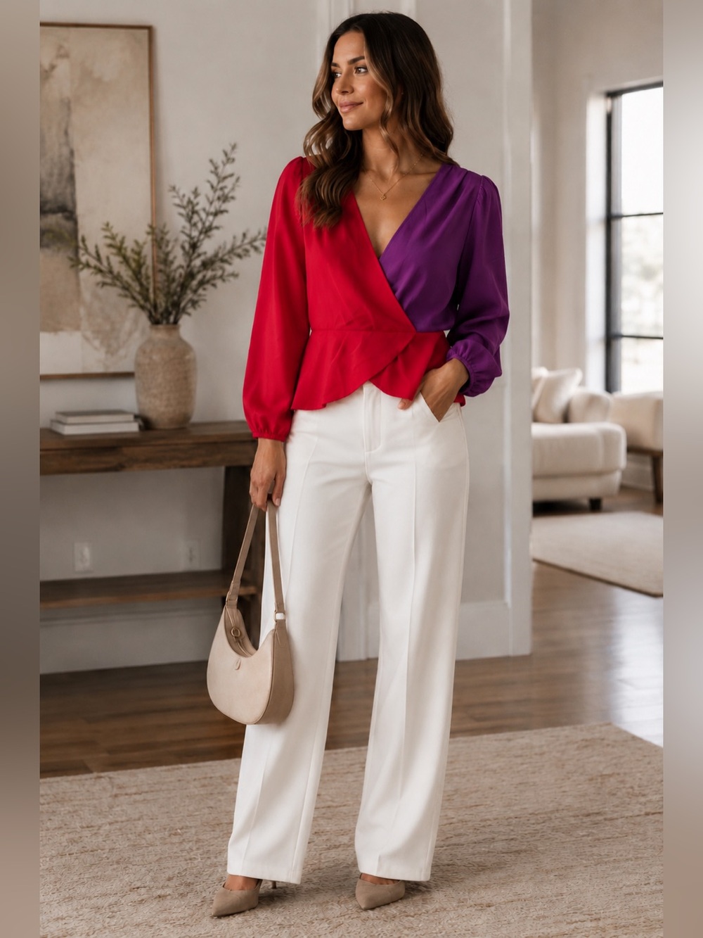 Express Two-Tone Red and Purple Wrap Blouse